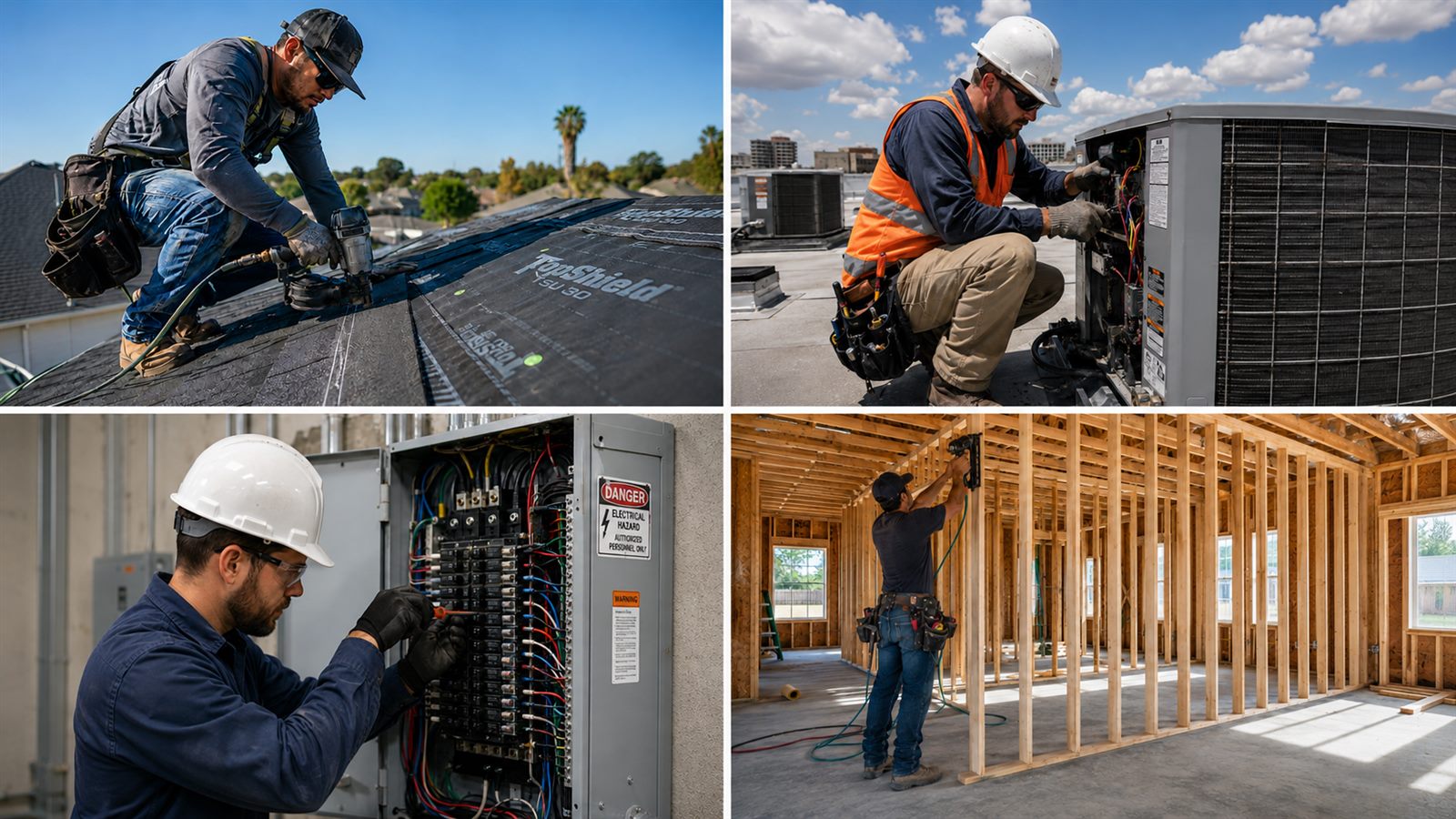 Roofing, HVAC, electrical, and framing subcontractors at work on Florida jobsites