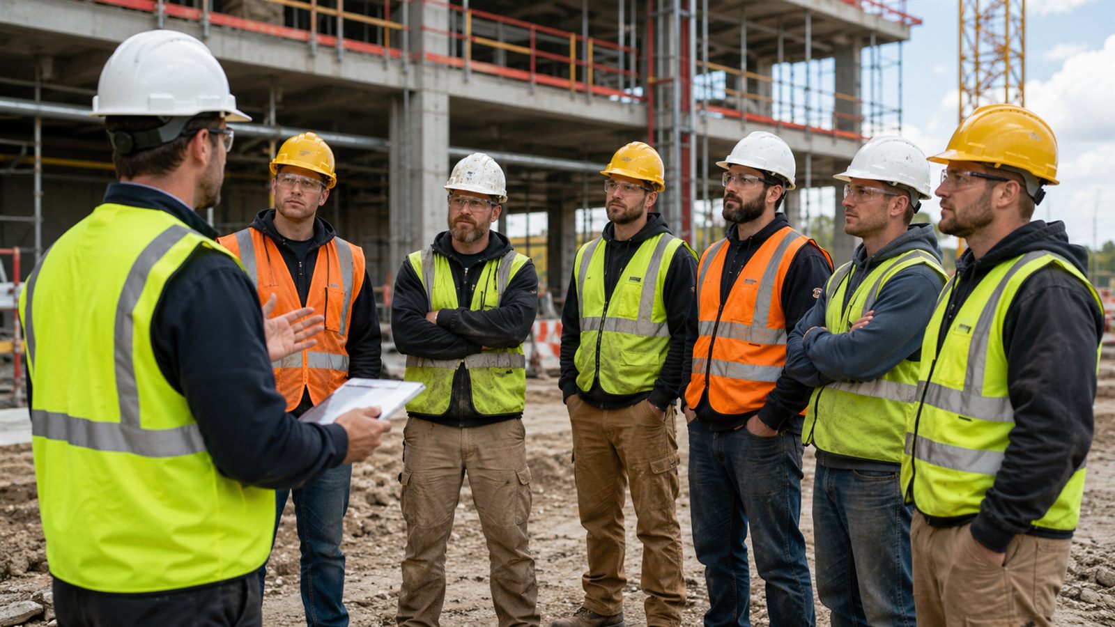 Construction crew holding a jobsite safety briefing in Florida
